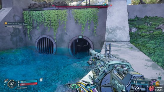 Look for the open sewer grate at the Gushing Turret location for the fourth Cache.