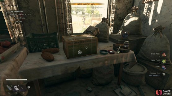 You get the the rations from the kitchen inside and the fuel by the shed. Image via Gamer Guides / Techland.