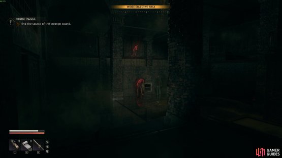 Proceed through the dark seers and fight off the infected in the large square room where the clanging is coming from. Image via Gamer Guides / Techland.