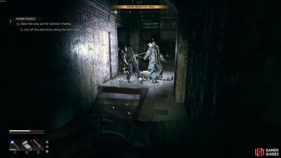 As you escape, lure the zombies into the electric for some easy kills before turning the power off. Image via Gamer Guides / Techland.