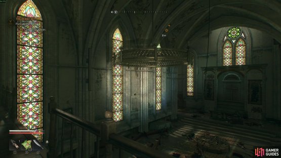 Now parkour through the pew area via the chandeliers from the stone walls from the left hand side of the image.  Image via Gamer Guides / Techland.