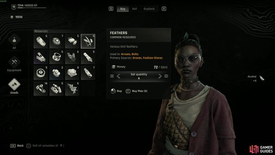 Tradres often restock feathers fairly often, and be be bused by saving your game and logging out of your campaign and back in for easy to purchase feathers. Image via Gamer Guides / Techland.