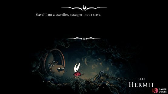 Dive below the Bellhart into the trash area, to find the Bell Hermit for another lead on where to go.  Image via Gamer Guides / Team Cherry.