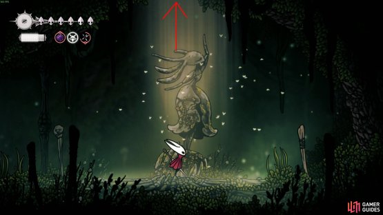 Head over to this shrine in Hunter&rsquo;s March and then Sky Soar up to the bridge area through to the secret area in Far Fields. Image via Gamer Guides / Team Cherry.