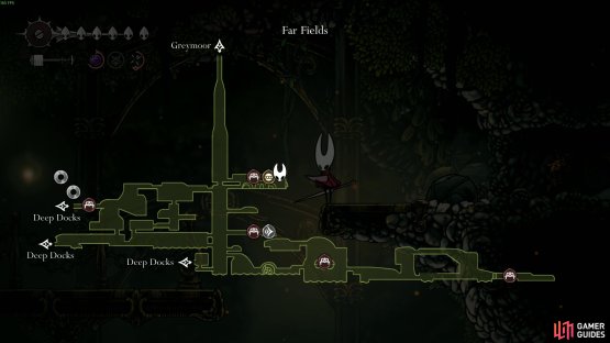Once you head into the secret area, fall down and take a left to create a shortcut back to Pilgrim&rsquo;s Rest. Image via Gamer Guides / Team Cherry.