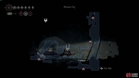 Here&rsquo;s a rough idea on the map where to find the Mask Maker because no nearby bench. Hence why we point you towards our interactive map. Image via Gamer Guides / Team Cherry.