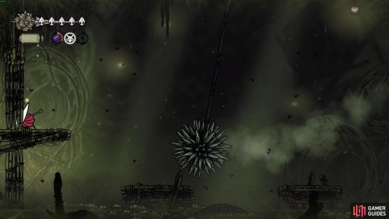 Watch for this trap by standing on the platforms to the side of the Groal boss room. Image via Gamer Guides / Team Cherry