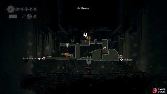 Proceed through the Shellwood and reach this location to bind the Cling Grip skill to you. Image via Gamer Guides / Team Cherry.