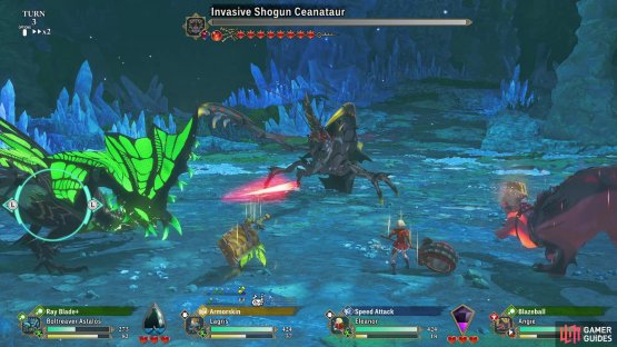 On the third turn and beyond, look for a red arrow - the target of this &ldquo;Invasive Iron Slash&rdquo; attack needs to be protected by both &ldquo;Defensive Ditty&rdquo; and Armorskin/Mega Armorskin to progress the fight!