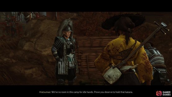 After being abandoned by Lord Kitamori, wander the camp until a samurai yells at you,