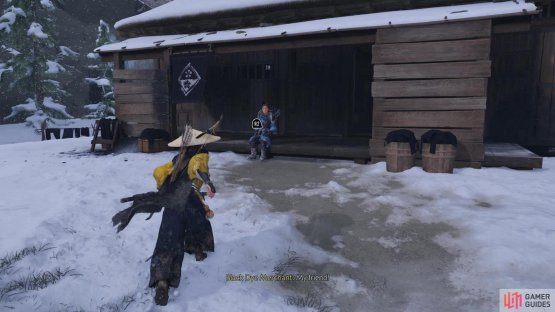 Find the merchant in or just outside of a smaller building uphill from the main building - her wares are limited until you complete the main quest &ldquo;The Way of the Shamisen&rdquo;.