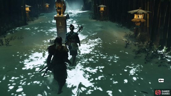 At the first lantern trap puzzle, follow Oyuki right past the fox statue,