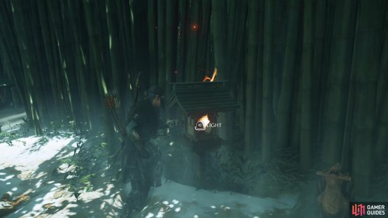 and light the stone lanterns with fox statues in similar poses near them.