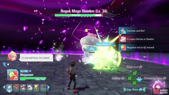 Mega Meganium&rsquo;s Giga Drain is extremely good for sustaining against Slowbro the entire fight. Image via Gamer Guides / Nintendo.