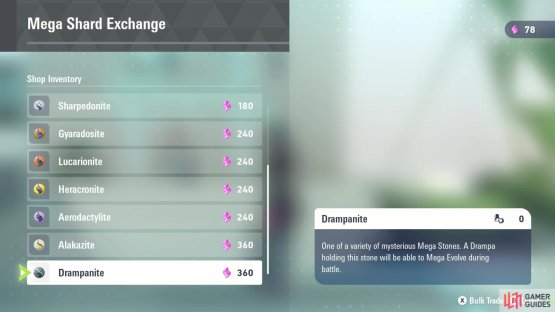 Mission 10 also unlock trading Mega Shards for Mega Stones from a trader. Image via Gamer Guides / Nintendo.