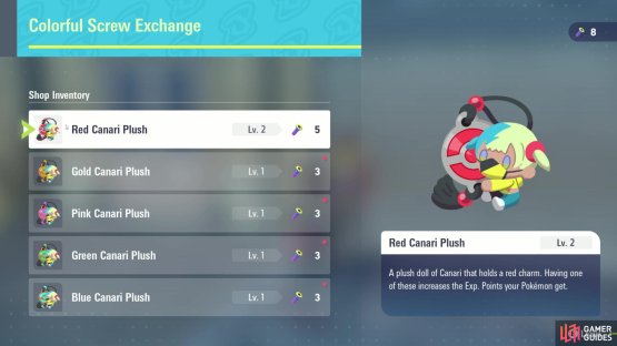 On the other hand, you can find Colorful Screws on the map, which you trade to the builders in the southeast corner of the map for Plushies, like this red EXP farming Plushie. Image via Gamer Guides / Nintendo.