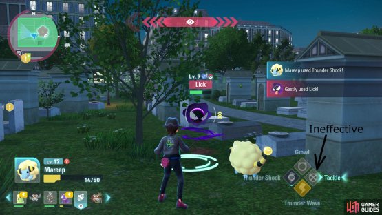 You can also find the ineffectiveness icons in the movesets of your Pok&eacute;mon if the type is weak against the opponent. Image via Gamer Guides / Nintendo.