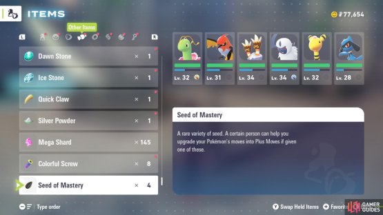 When you pickup Seed of Mastery, you will find them in your item satchel. You can take them to the Justice Dojo after mission 19 to upgrade TM Moves. Image via Gamer Guides / Nintendo.