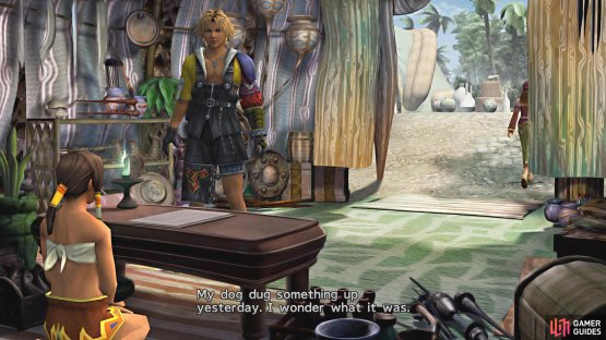 Talk to the item shop lady to get a hint that her dog dug up something