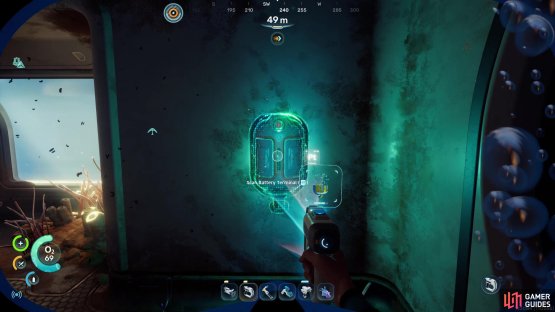 use the Sonic Resonator to clear some fungal barriers, then scan the Battery Terminal on the wall.