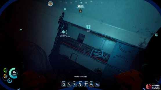 A large section of ship can be found 250 meters south of the Lifepod - find a doorway along the southern edge of the ruins,
