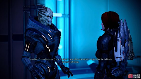 Talk to the Groundskeeper at the Dark Star Lounge to learn the sad truth about the fabled Presidium fish.