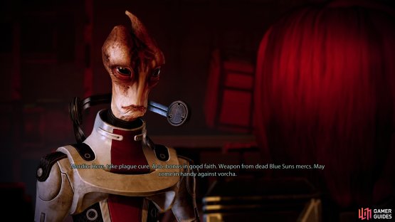 then talk to Mordin, who won&rsquo;t join you without conditions&hellip; but he does give you a new handgun.