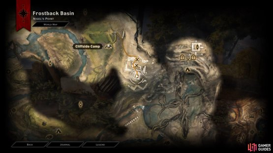 The location of Cliffside Camp, and the route to the ruins from it.