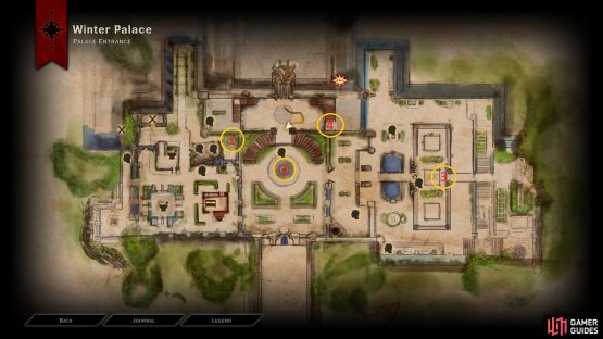 The locations of each Statuette in The Winter Palace courtyard.