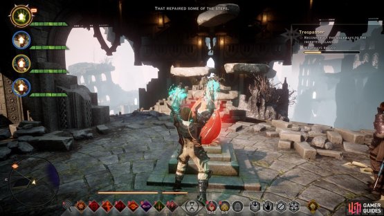 Interact with the red egg-like device to raise the stone walkways.