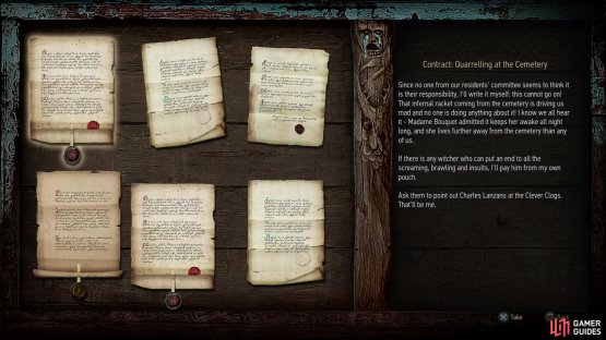 Start this quest by searching the Notice Board in Beauclair for the post &ldquo;Contract: Quarreling at the Cemetery,
