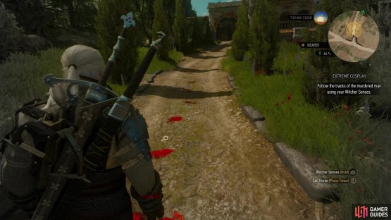 After chatting with the good Samaritan, follow a blood trail up to the estate.