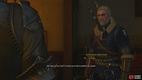 After confronting Hughes you&rsquo;ll be interrupted by the  cuckolded husband. Beat him up or use Axii to drive him off.
