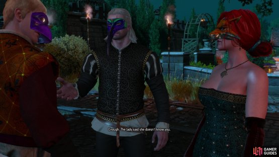 You&rsquo;ll be accosted by a drunkard at the Vegelbud Estate - either talk you way out of things to appease Triss,