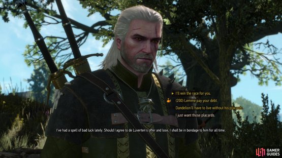 Find Henri Rautlec at the race tracks where you can either race on his behalf, pay off his debt, or abandon the endeavor.