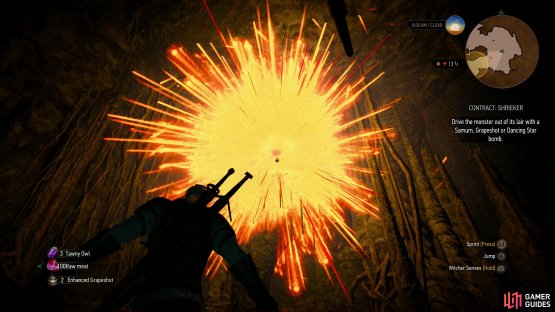 Toss a bomb at the wounded creature to spook it from its nest,