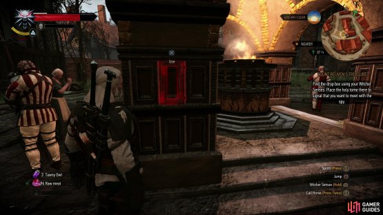 Place Menge&rsquo;s Holy Tome in an Eternal Shrine pillar east of Hierarch Square to set up a meeting with the spy.