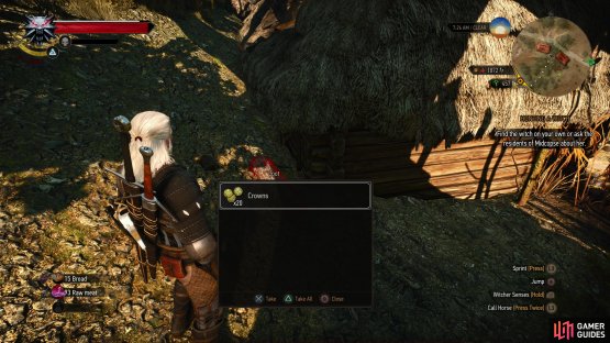 then use your Witcher senses to find a log behind the house, wherein you&rsquo;ll find some hidden Crowns.