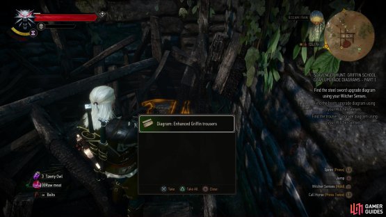 Search some debris near the middle of the ruins to find a buried chest, containing the diagram for the Enhanced Griffin Trousers.