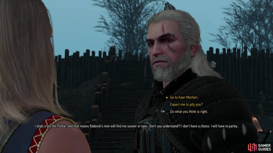 which will allow Geralt to suggest she seek shelter in Kaer Morhen.