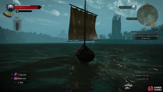 Sail back to the tower on Fyke Island,