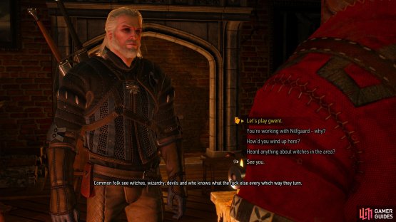 After the quest &ldquo;Family Matters&rdquo; starts, investigate the rooms for the Bloody Baron, then you can play Gwent with him.