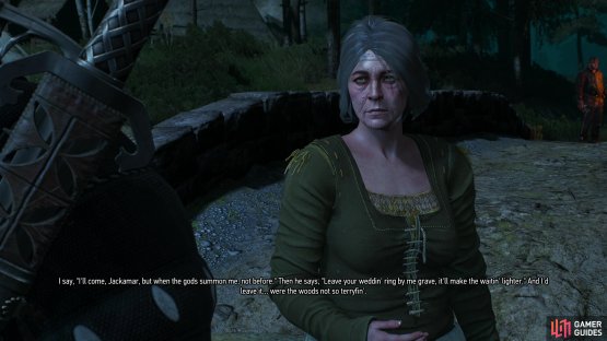 and talk to her to start the quest - she wants you to place her wedding ring on the tombstone of her head husband.