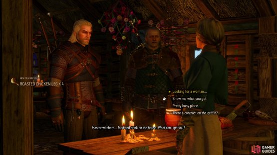 Talk to the innkeeper in White Orchard and, if you didn&rsquo;t extort the merchant following the Griffin attack, she&rsquo;ll give you some Roasted Chicken Legs.