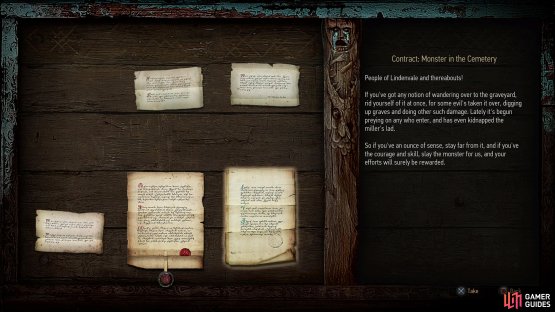 Pull the notice &ldquo;Contract: Monster in the Cemetery&rdquo; off the notice board to start the quest,