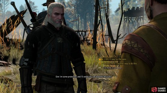 Find a Shady Merchant at the Pontar crossing and he&rsquo;ll sell you a Transit Pass. Pay him, Axii the cost down, or agree to do a quest for a further discount.
