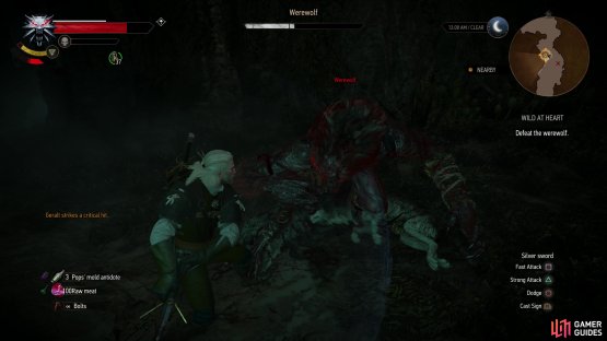 Inside the cave you&rsquo;ll be attacked by a Werewolf - use fast attacks, as the lycanthrope is too quick to safely and reliably strike with strong attacks,