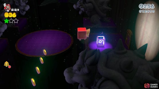 Jump to the right for the Mystery Box on the fast moving platform to get the second Green Star