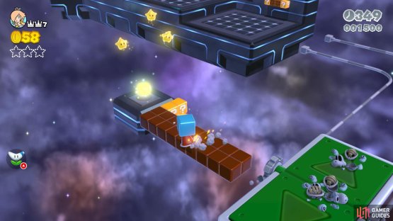 Shoot the ?-Blocks to extend a bridge to the Stamp