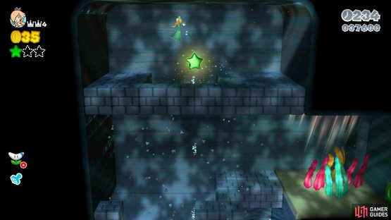 Use the trampoline and the Mega Mushroom to break through some bricks and collect the second Green Star